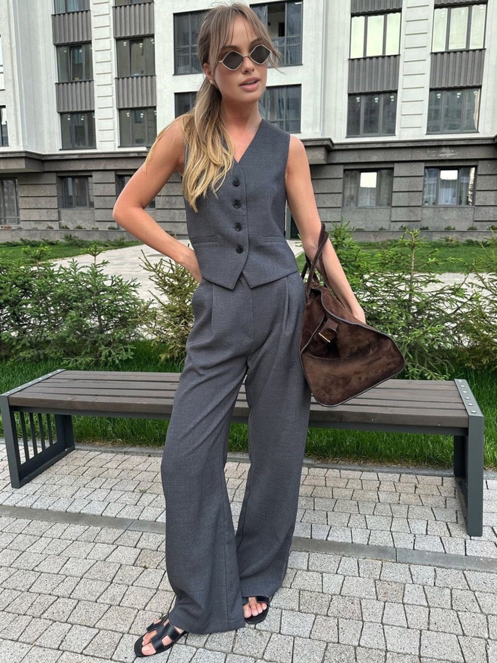 Commense Womens Gray Wide-Leg Tailored Vest Jumpsuit